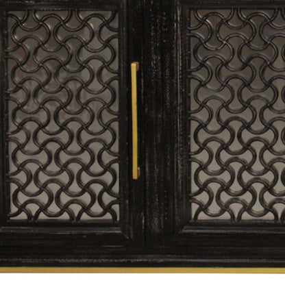 76" Black Distressed Solid Wood Carved Geometric Sideboard with Four Doors HomeRoots