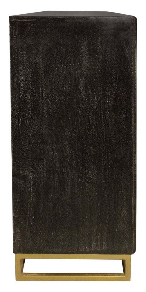 76" Black Distressed Solid Wood Carved Geometric Sideboard with Four Doors HomeRoots