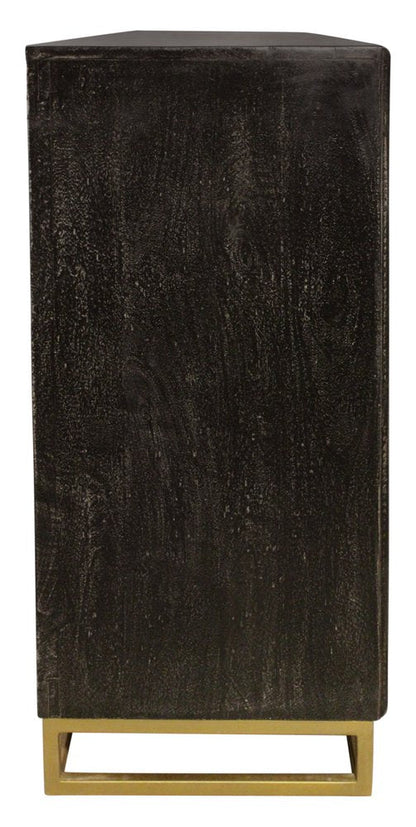 76" Black Distressed Solid Wood Carved Geometric Sideboard with Four Doors HomeRoots