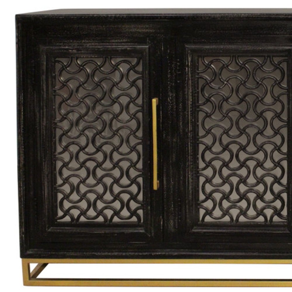 76" Black Distressed Solid Wood Carved Geometric Sideboard with Four Doors HomeRoots