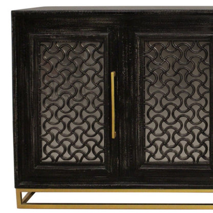 76" Black Distressed Solid Wood Carved Geometric Sideboard with Four Doors HomeRoots