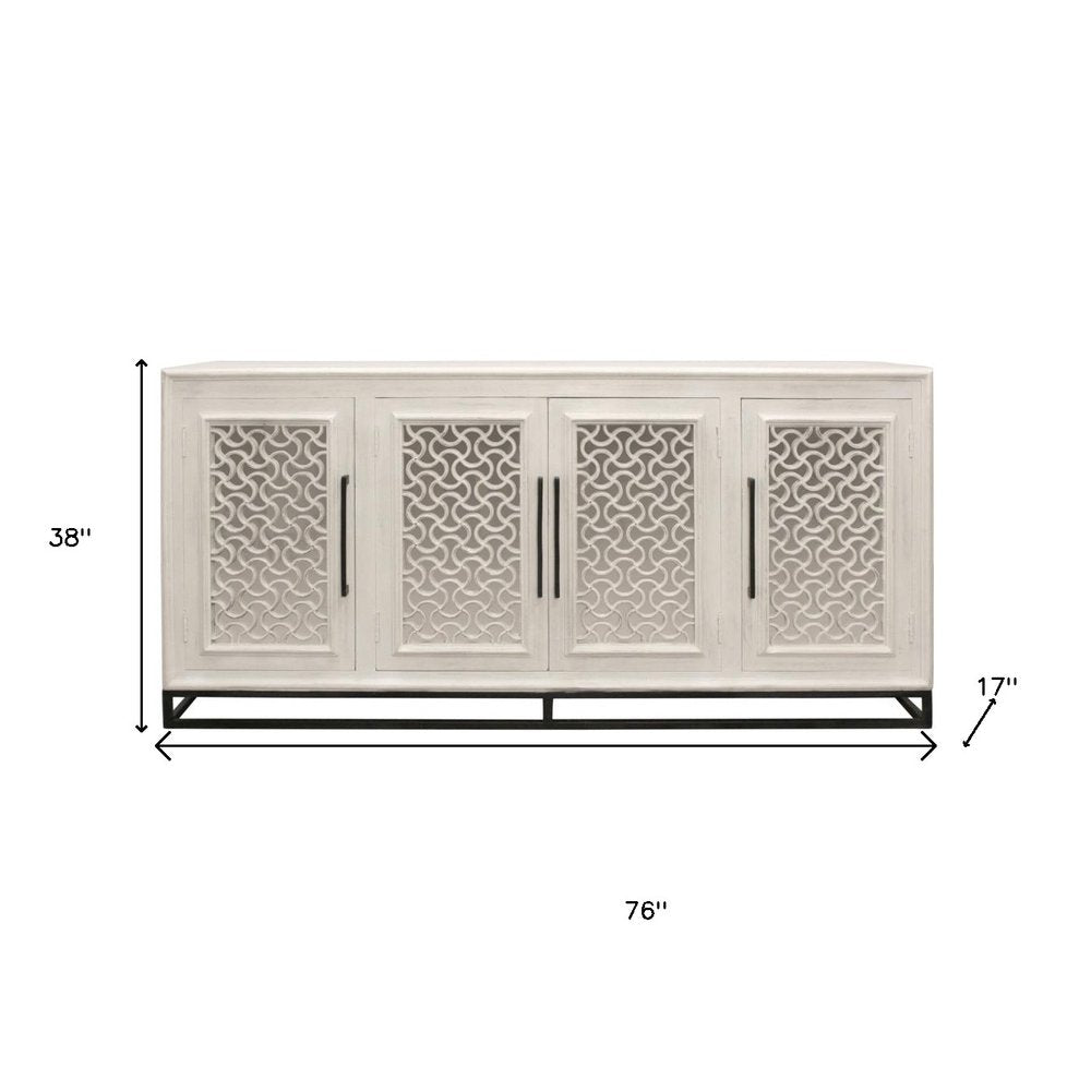 76" Antiqued White Distressed Solid Wood Carved Geometric Sideboard with Four Doors HomeRoots