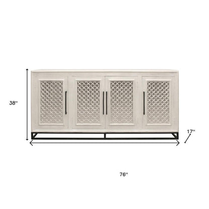 76" Antiqued White Distressed Solid Wood Carved Geometric Sideboard with Four Doors HomeRoots
