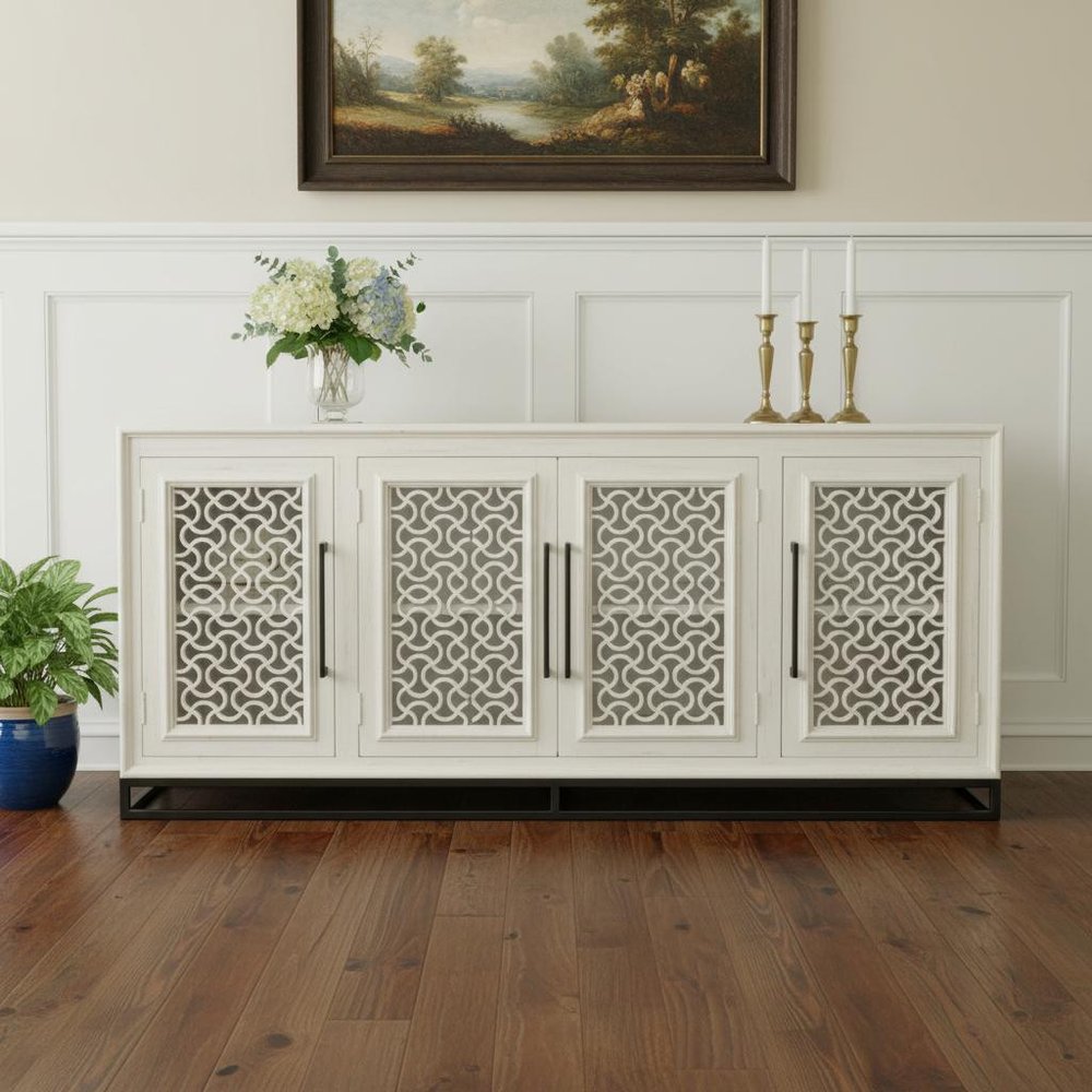 76" Antiqued White Distressed Solid Wood Carved Geometric Sideboard with Four Doors HomeRoots