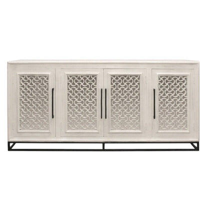 76" Antiqued White Distressed Solid Wood Carved Geometric Sideboard with Four Doors HomeRoots