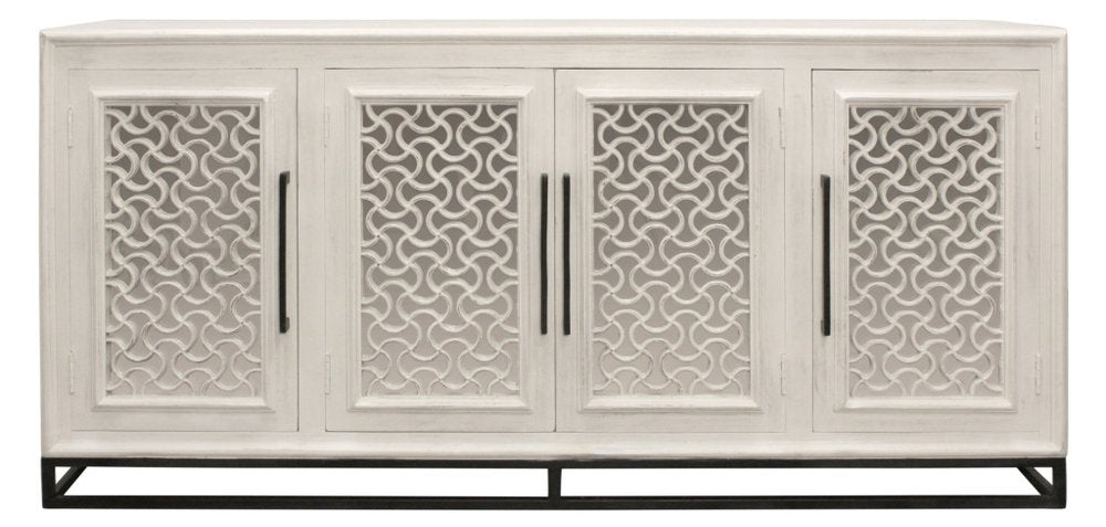 76" Antiqued White Distressed Solid Wood Carved Geometric Sideboard with Four Doors HomeRoots