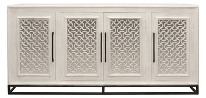 76" Antiqued White Distressed Solid Wood Carved Geometric Sideboard with Four Doors HomeRoots