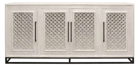 76" Antiqued White Distressed Solid Wood Carved Scrollwork Sideboard With Four Doors HomeRoots