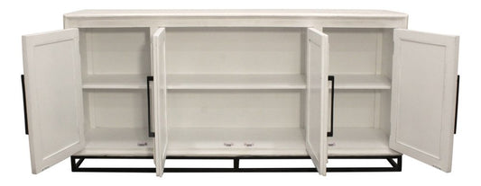 76" Antiqued White Distressed Solid Wood Carved Scrollwork Sideboard With Four Doors