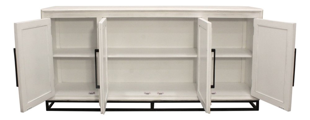 76" Antiqued White Distressed Solid Wood Carved Geometric Sideboard with Four Doors HomeRoots