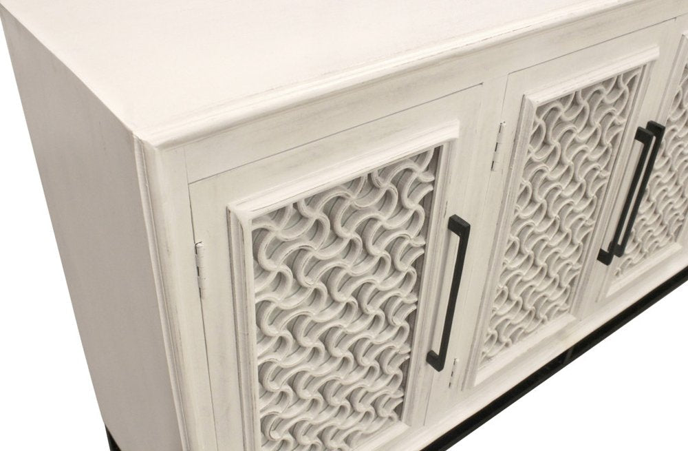 76" Antiqued White Distressed Solid Wood Carved Geometric Sideboard with Four Doors HomeRoots