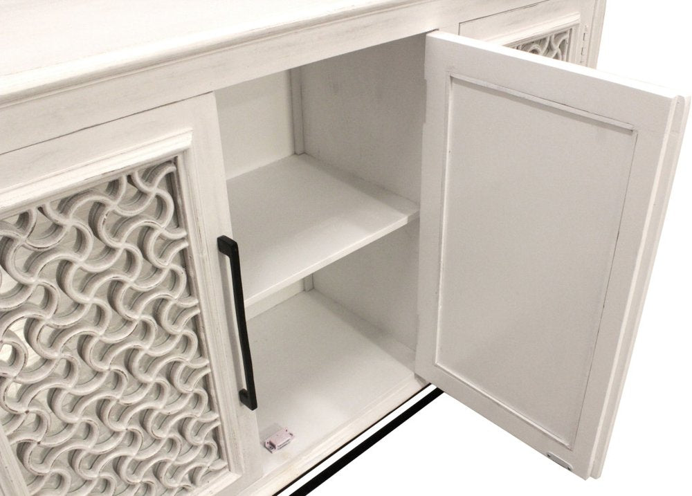 76" Antiqued White Distressed Solid Wood Carved Geometric Sideboard with Four Doors HomeRoots
