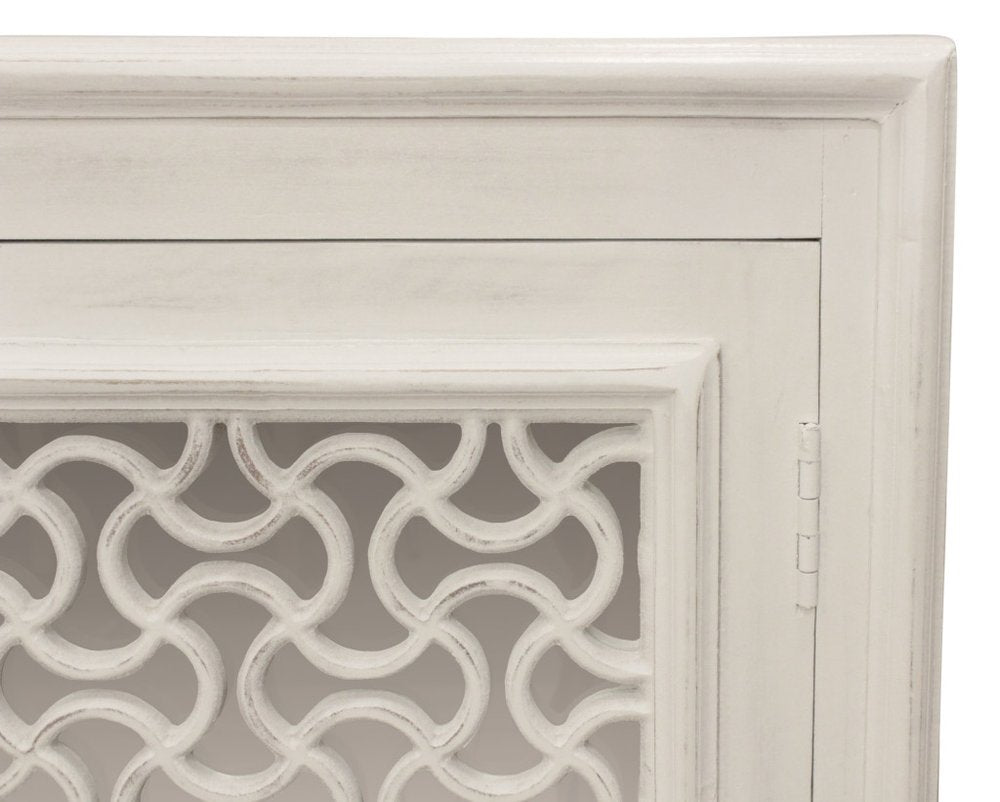 76" Antiqued White Distressed Solid Wood Carved Geometric Sideboard with Four Doors HomeRoots