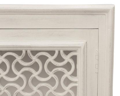 76" Antiqued White Distressed Solid Wood Carved Geometric Sideboard with Four Doors HomeRoots