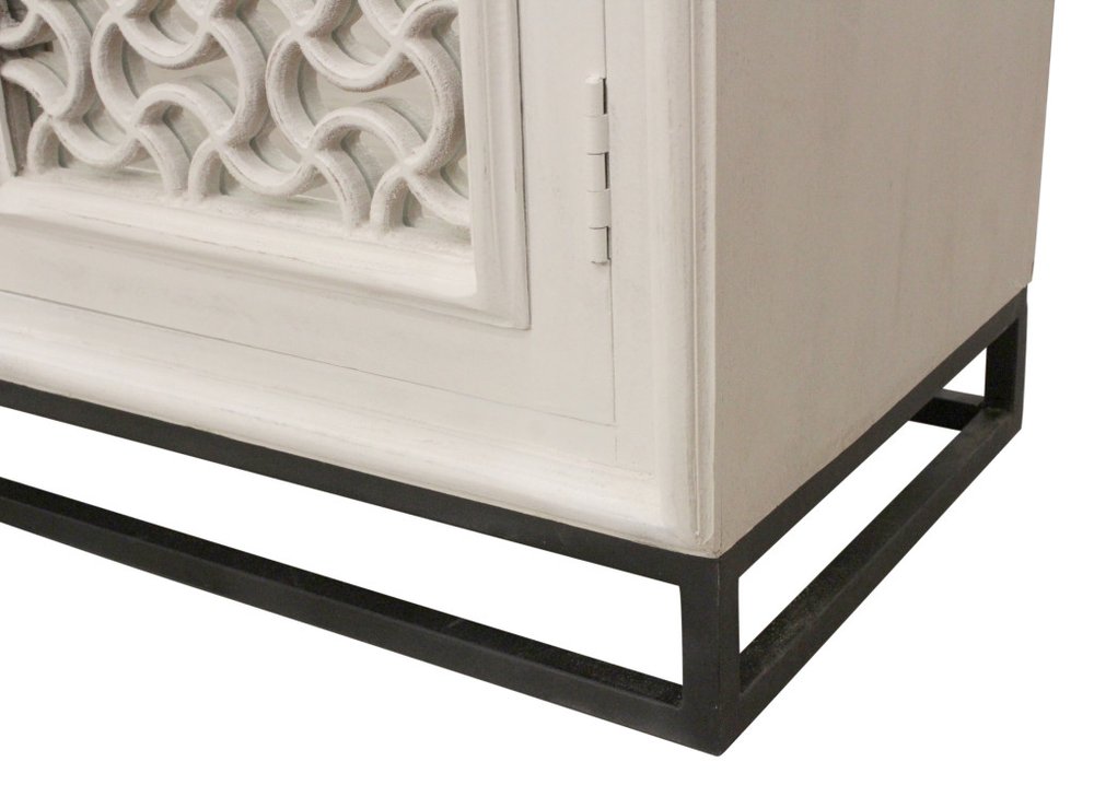 76" Antiqued White Distressed Solid Wood Carved Geometric Sideboard with Four Doors HomeRoots