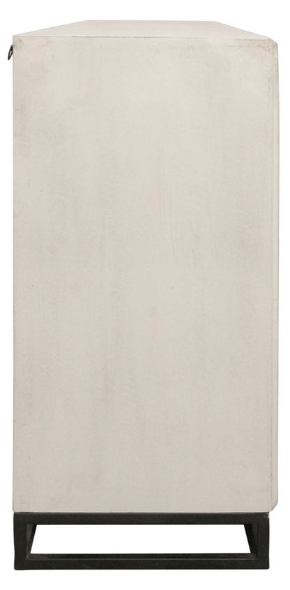 76" Antiqued White Distressed Solid Wood Carved Geometric Sideboard with Four Doors HomeRoots