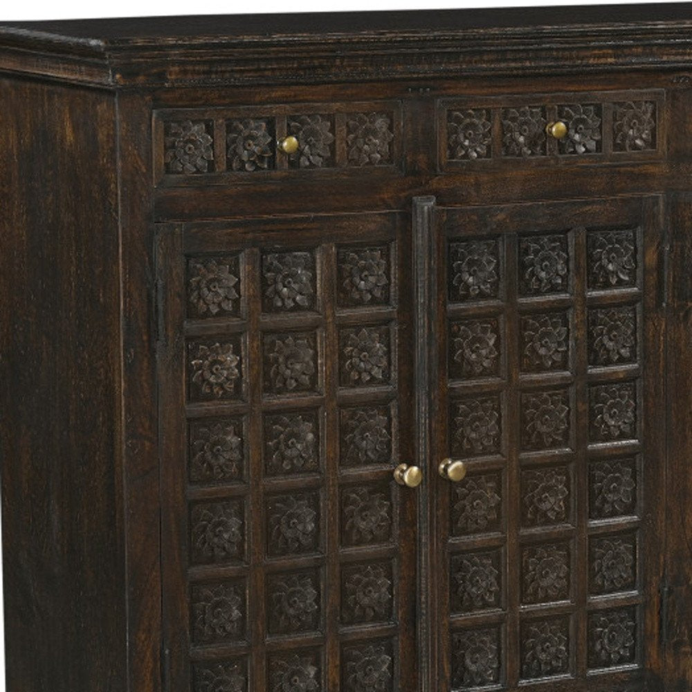72" Black Distressed Solid Wood Carved Floral Four Drawer Sideboard With Four Doors