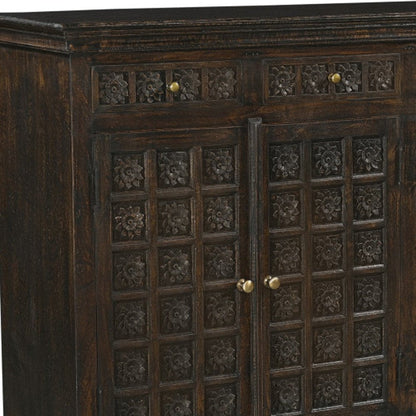 72" Black Distressed Solid Wood Carved Floral Four Drawer Sideboard With Four Doors