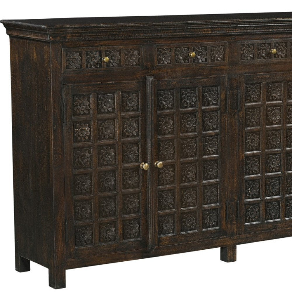 72" Black Distressed Solid Wood Carved Floral Four Drawer Sideboard With Four Doors — view 10