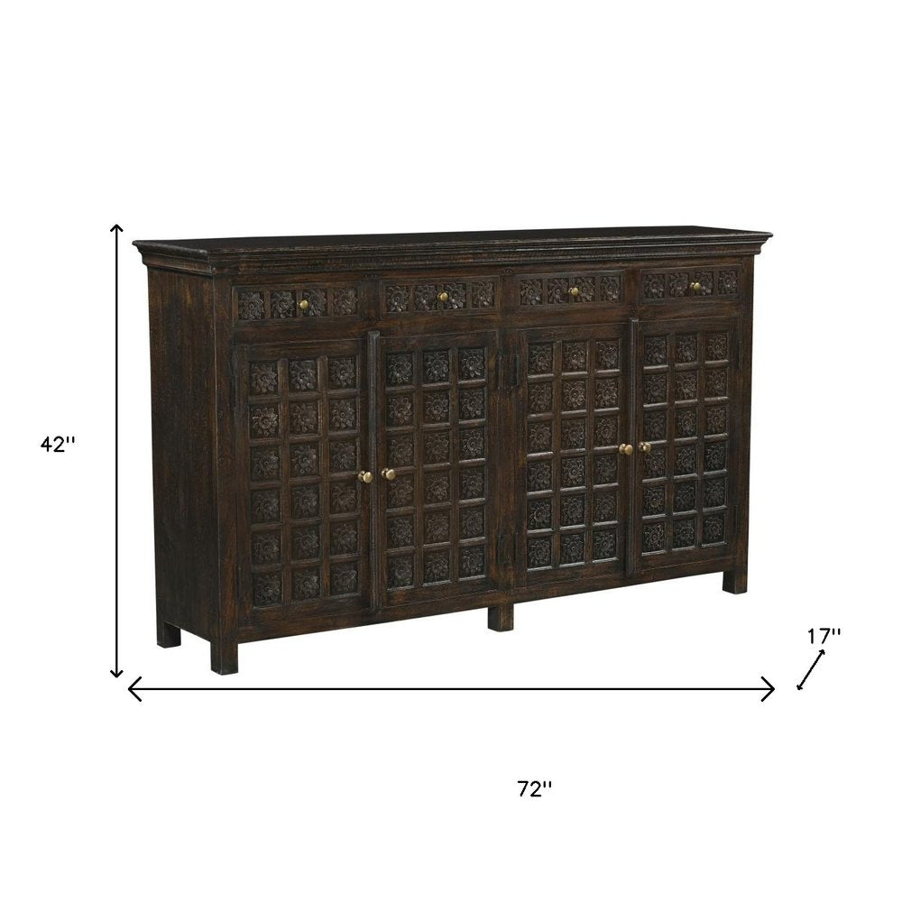 72" Black Distressed Solid Wood Carved Floral Four Drawer Sideboard With Four Doors