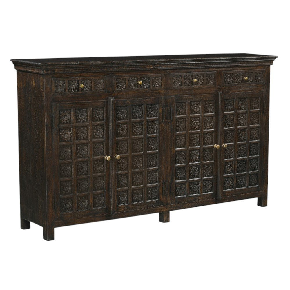 72" Black Distressed Solid Wood Carved Floral Four Drawer Sideboard With Four Doors