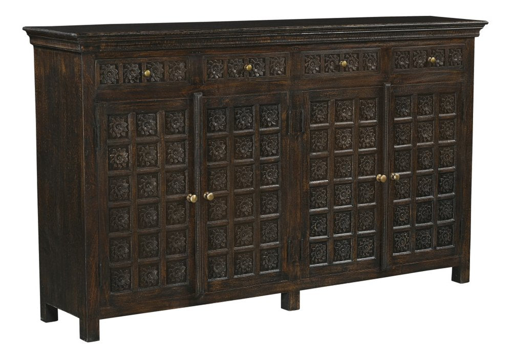 72" Black Distressed Solid Wood Carved Floral Four Drawer Sideboard With Four Doors