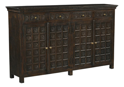 72" Black Distressed Solid Wood Carved Floral Four Drawer Sideboard With Four Doors