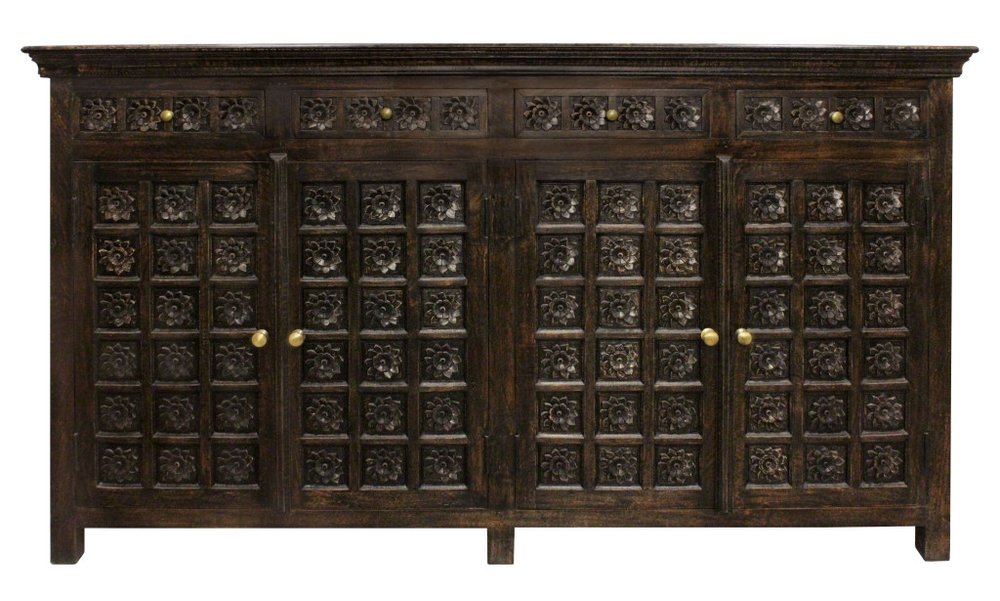 72" Black Distressed Solid Wood Carved Floral Four Drawer Sideboard With Four Doors — view 2