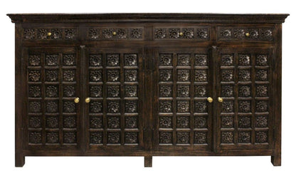 72" Black Distressed Solid Wood Carved Floral Four Drawer Sideboard With Four Doors