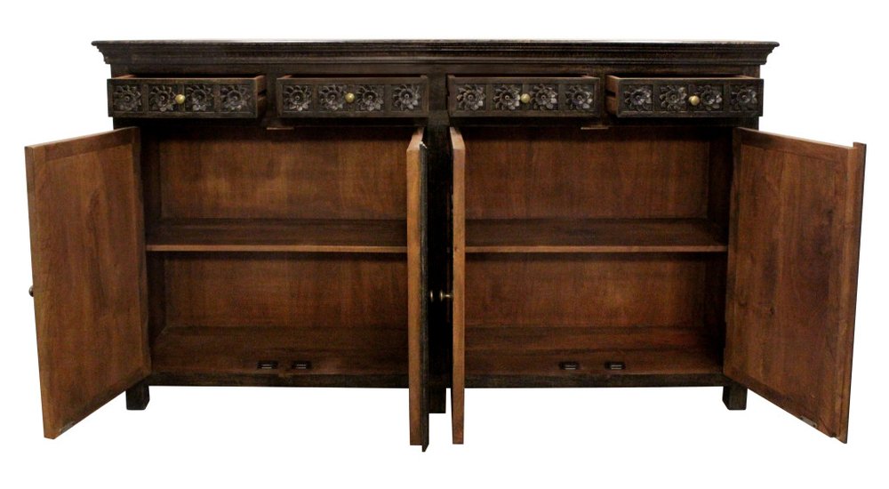 72" Black Distressed Solid Wood Carved Floral Four Drawer Sideboard With Four Doors — view 3