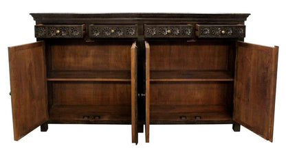 72" Black Distressed Solid Wood Carved Floral Four Drawer Sideboard With Four Doors
