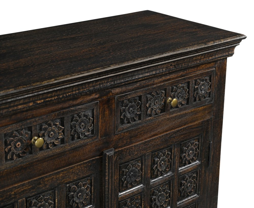 72" Black Distressed Solid Wood Carved Floral Four Drawer Sideboard With Four Doors