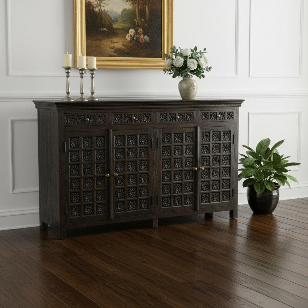 72" Black Distressed Solid Wood Carved Floral Four Drawer Sideboard With Four Doors