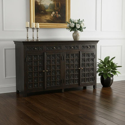 72" Black Distressed Solid Wood Carved Floral Four Drawer Sideboard With Four Doors