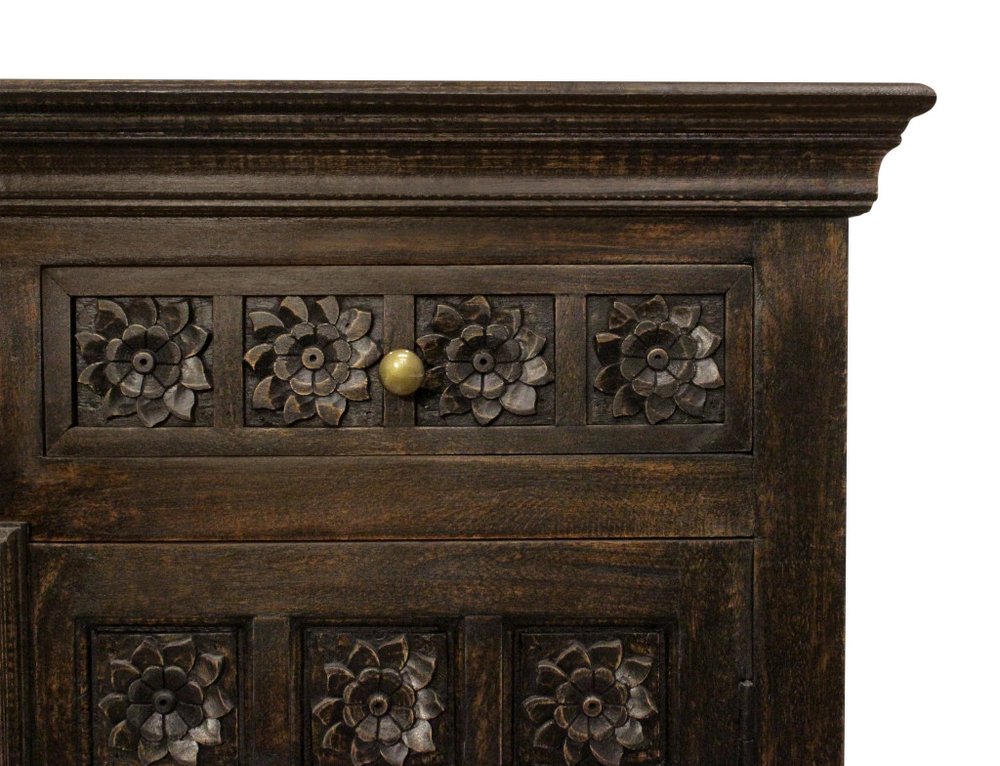 72" Black Distressed Solid Wood Carved Floral Four Drawer Sideboard With Four Doors
