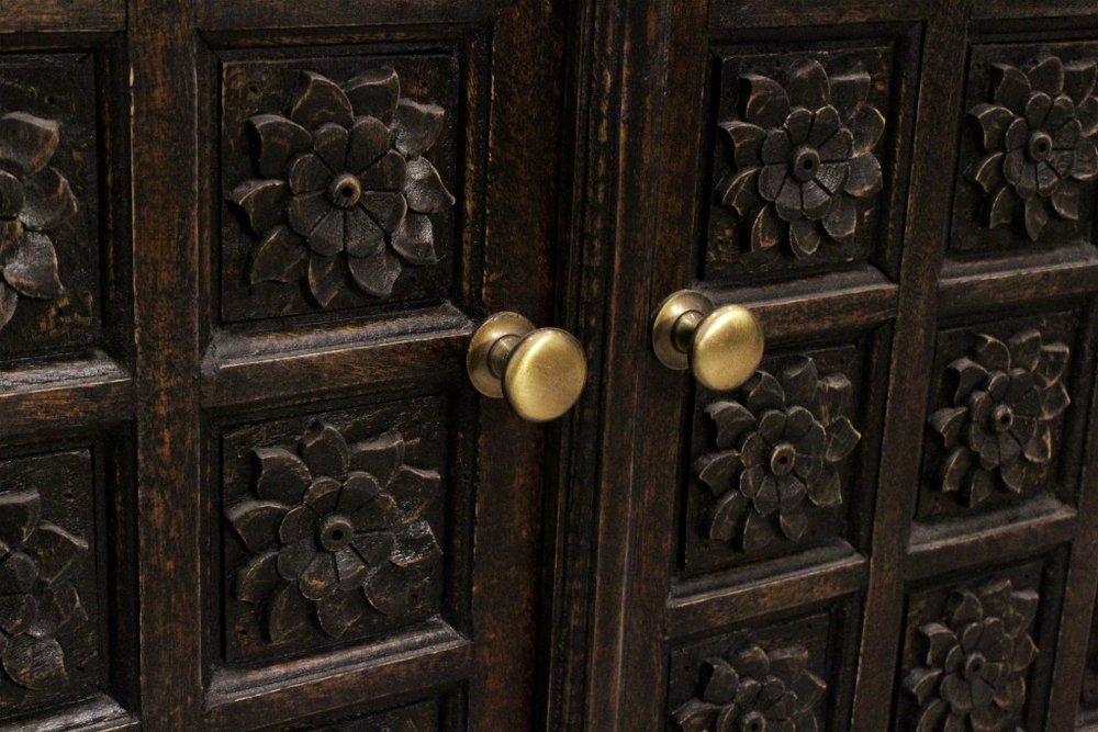 72" Black Distressed Solid Wood Carved Floral Four Drawer Sideboard With Four Doors — view 7