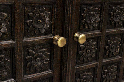 72" Black Distressed Solid Wood Carved Floral Four Drawer Sideboard With Four Doors