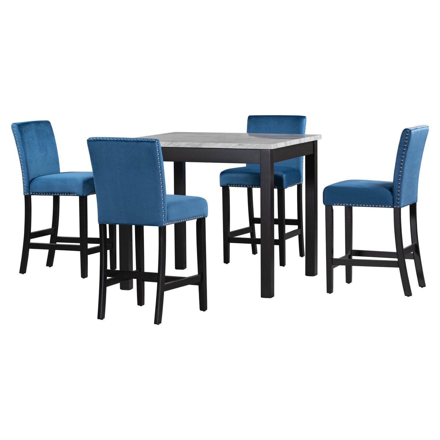 5-piece Counter Height Dining Table Set with One Faux Marble Dining Table and Four Upholstered-Seat Chairs Blue - FurniFindUSA