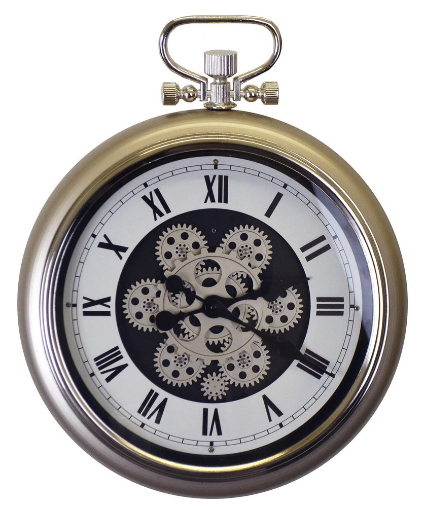 16" Champagne White And Black Iron Skeleton Exposed Gear Pocket Watch Wall Clock — view 1