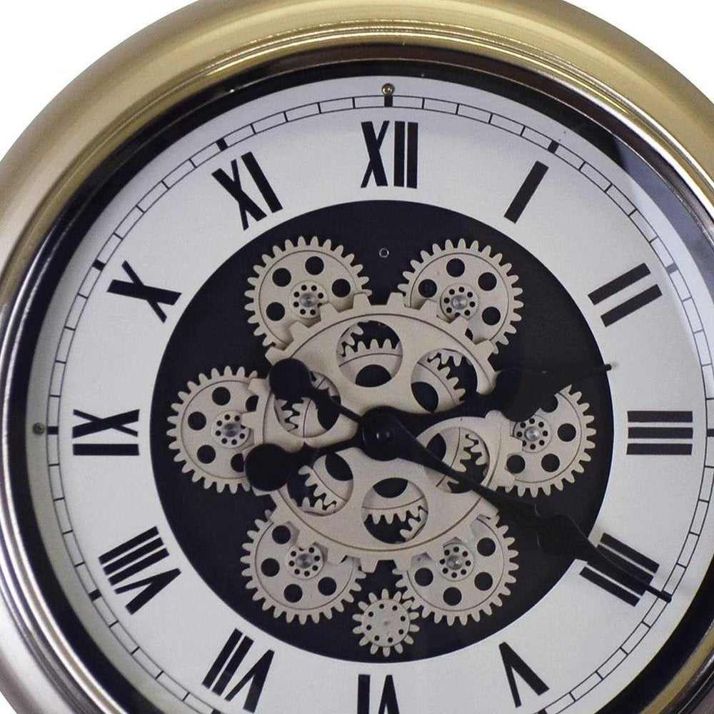 16" Champagne White And Black Metal Skeleton Exposed Gear Pocket Watch Wall Clock HomeRoots