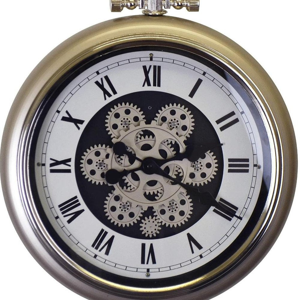 16" Champagne White And Black Iron Skeleton Exposed Gear Pocket Watch Wall Clock — view 4