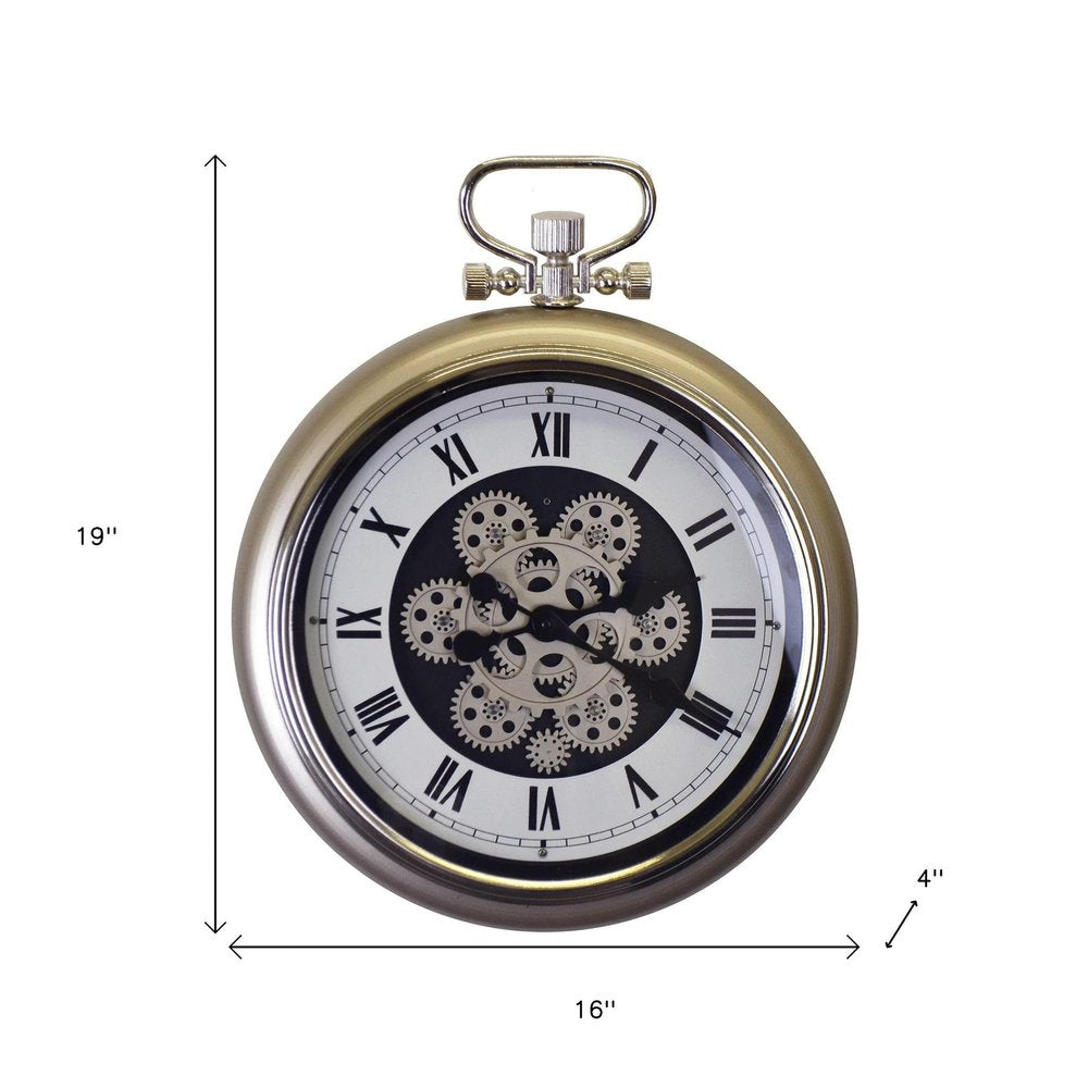 16" Champagne White And Black Iron Skeleton Exposed Gear Pocket Watch Wall Clock HomeRoots