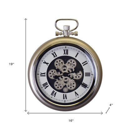 16" Champagne White And Black Iron Skeleton Exposed Gear Pocket Watch Wall Clock HomeRoots