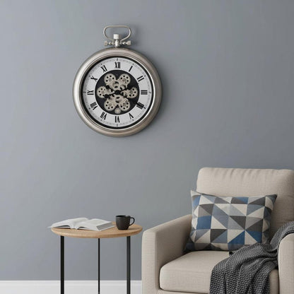 16" Champagne White And Black Iron Skeleton Exposed Gear Pocket Watch Wall Clock HomeRoots