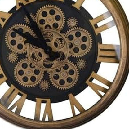 18" Antiqued Gold And Black Metal Silent Skeleton Exposed Gear Round Wall Clock HomeRoots