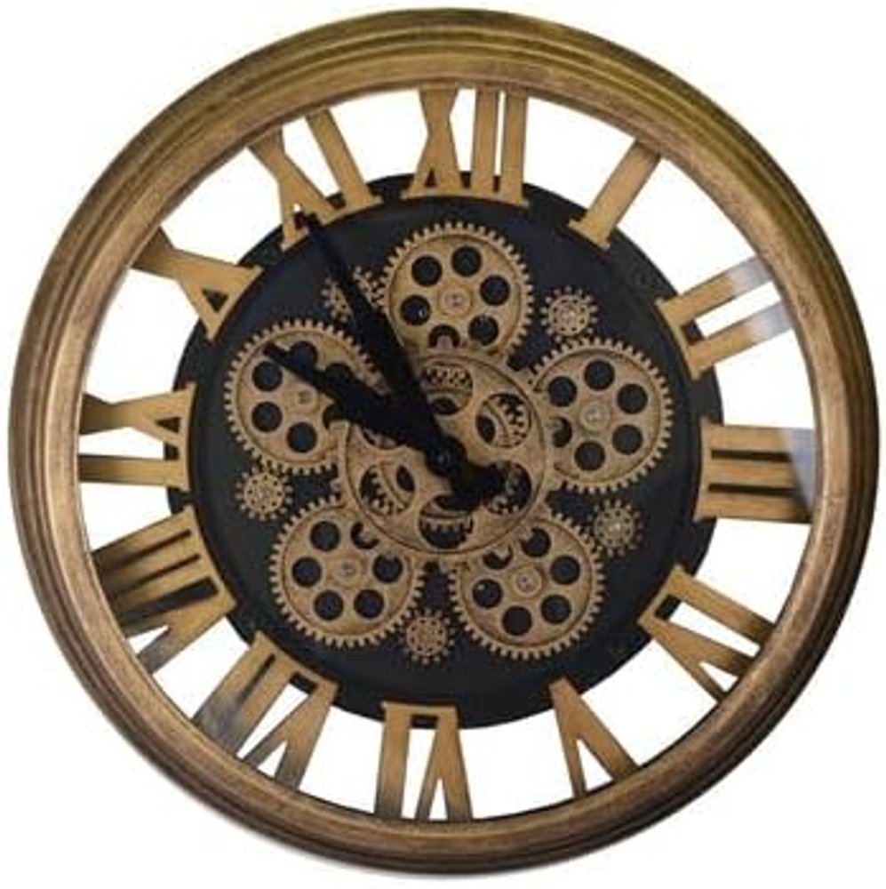 18" Antiqued Gold And Black Metal Silent Skeleton Exposed Gear Round Wall Clock HomeRoots