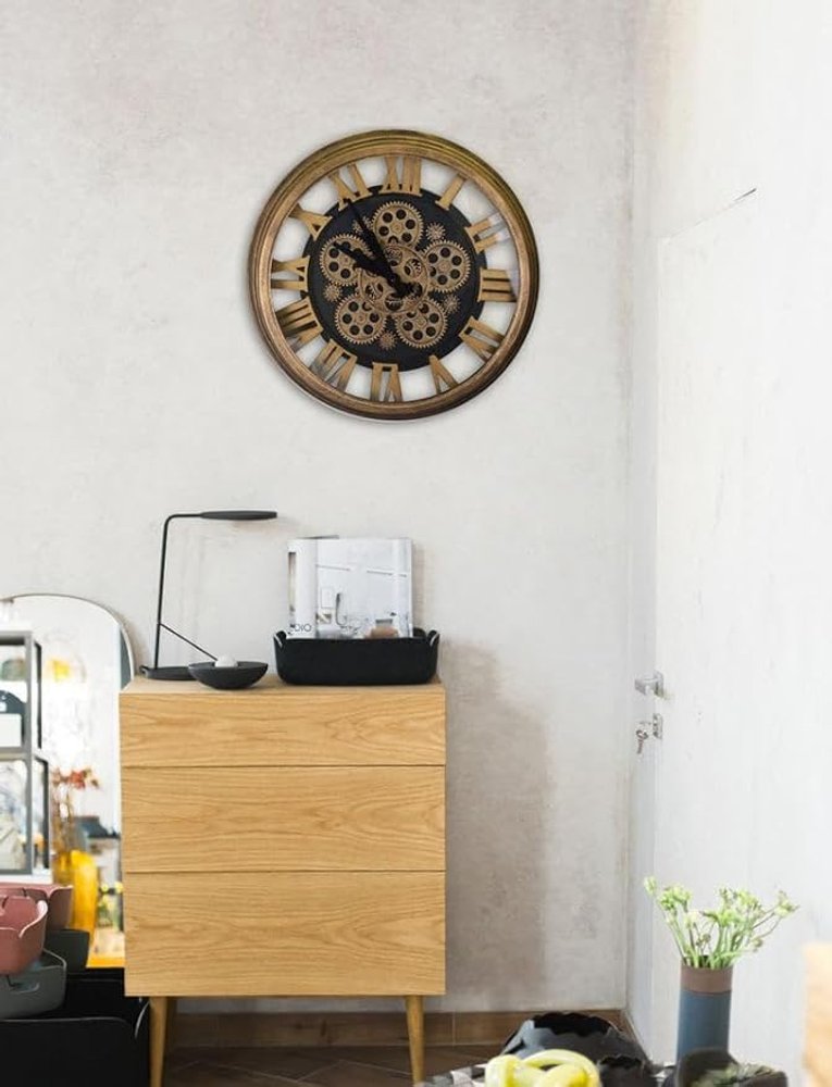 18" Antiqued Gold And Black Metal Silent Skeleton Exposed Gear Round Wall Clock HomeRoots