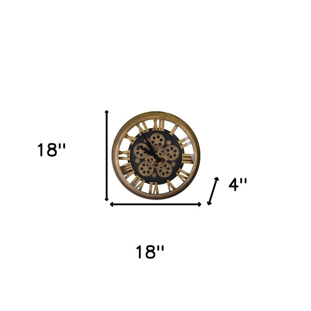 18" Antiqued Gold And Black Metal Silent Skeleton Exposed Gear Round Wall Clock HomeRoots