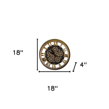 18" Antiqued Gold And Black Metal Silent Skeleton Exposed Gear Round Wall Clock HomeRoots