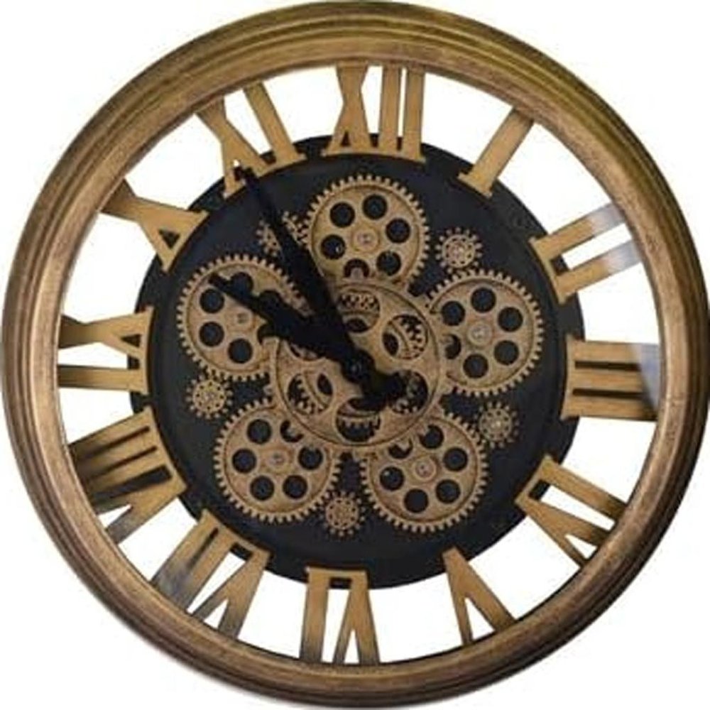 18" Antiqued Gold And Black Metal Silent Skeleton Exposed Gear Round Wall Clock HomeRoots